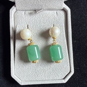 Gold Pearl and Aventurine Stone Drop Earrings